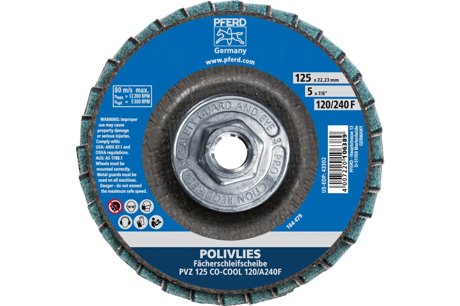 Picture of Pferd Polivlies® Non-Woven Flap Disc, 5"x 5/8-11, 120 Grit, Fine, Ceramic oxide Co-Cool